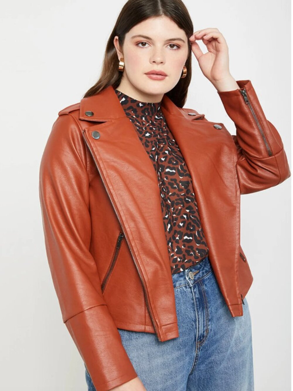 Eloquii Rust Faux Leather Moto Jacket with Asymmetric Zip